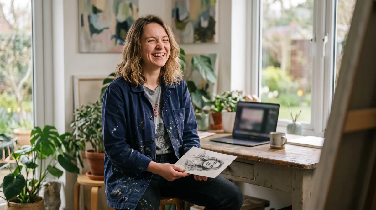 A young designer laughing warmly at an imperfect sketch in her bright plant-filled home studio, unposed and natural