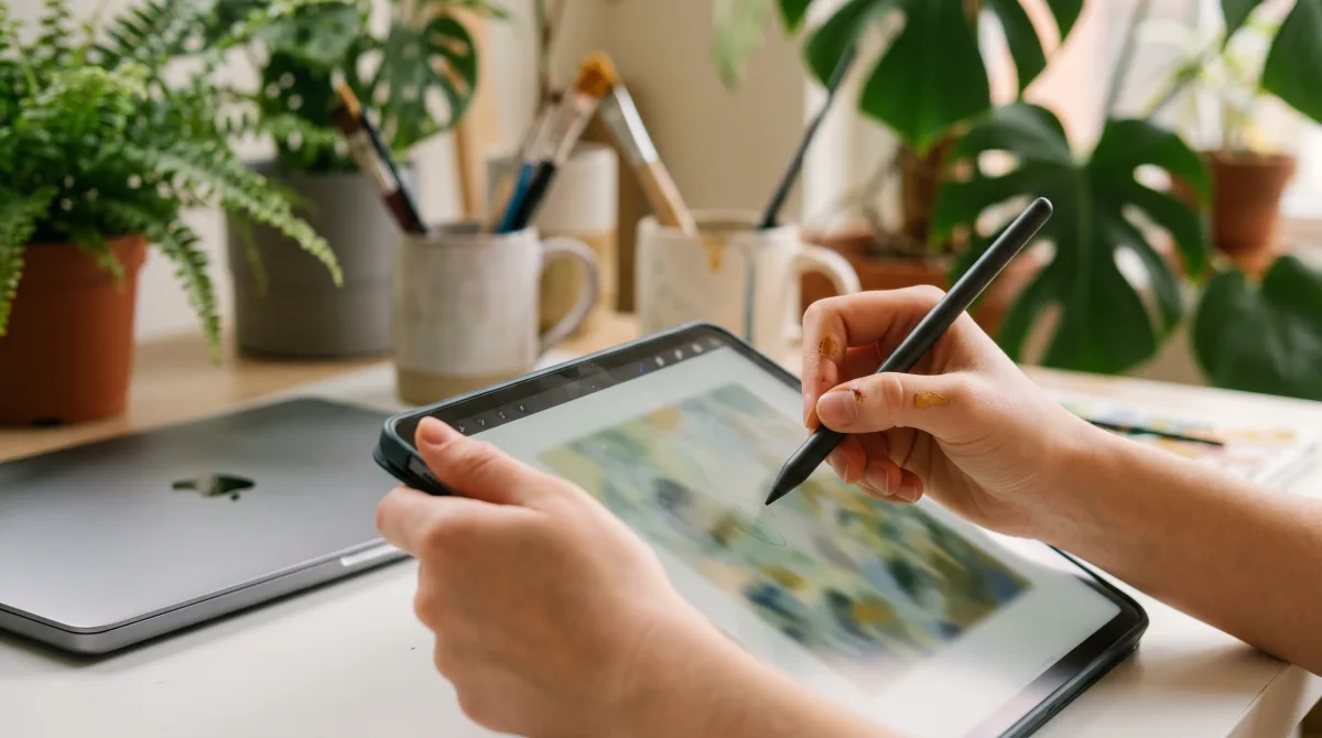 Close-up of young paint-flecked hands sketching on a tablet beside a laptop in a bright studio