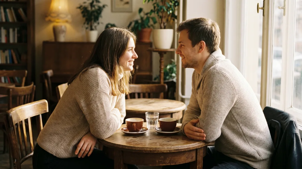 Two people in an unhurried café conversation — the payoff of using dating apps for connection rather than approval