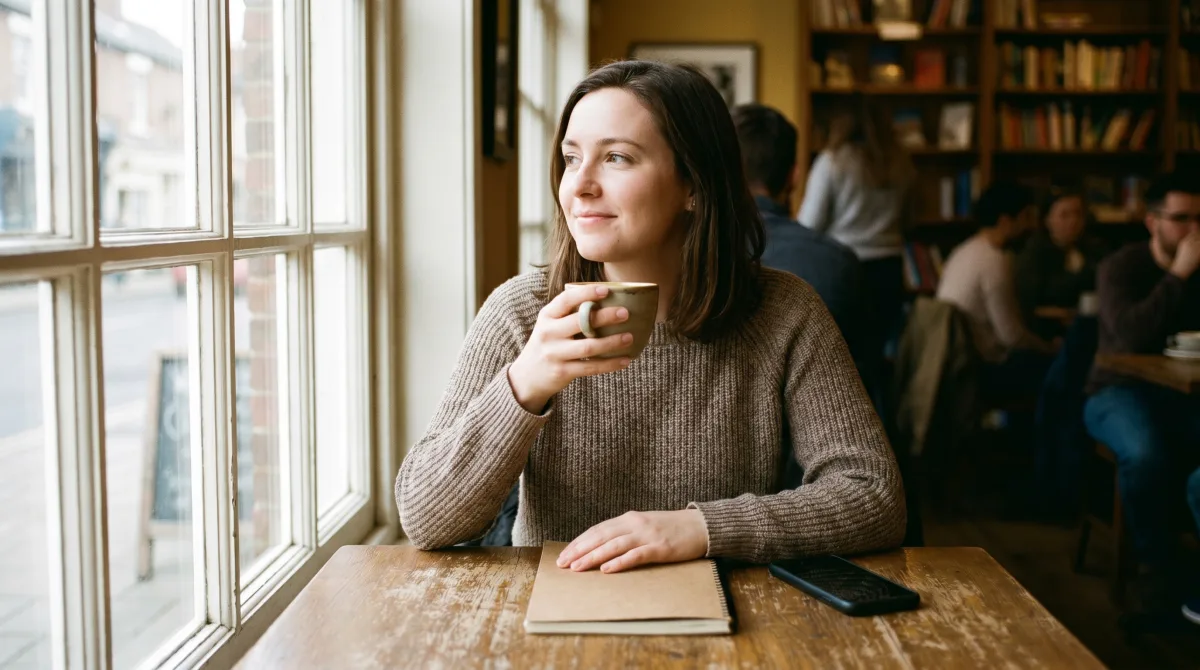 A woman pausing at a café window with her phone face-down, rethinking whether dating apps are worth it in 2026