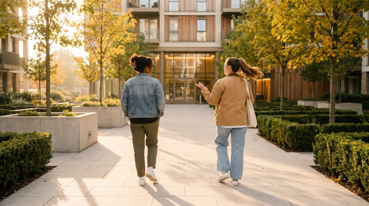 Two friends walk side by side across a courtyard in the evening light