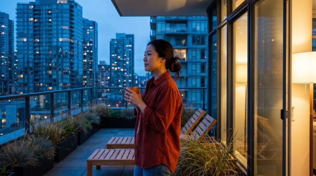 A woman stands alone on a rooftop at blue hour, looking out over the city skyline