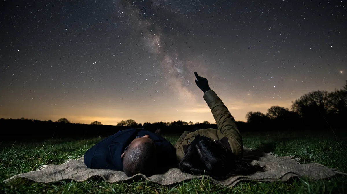 Two people lie in dark grass at night, looking up at a star-filled sky