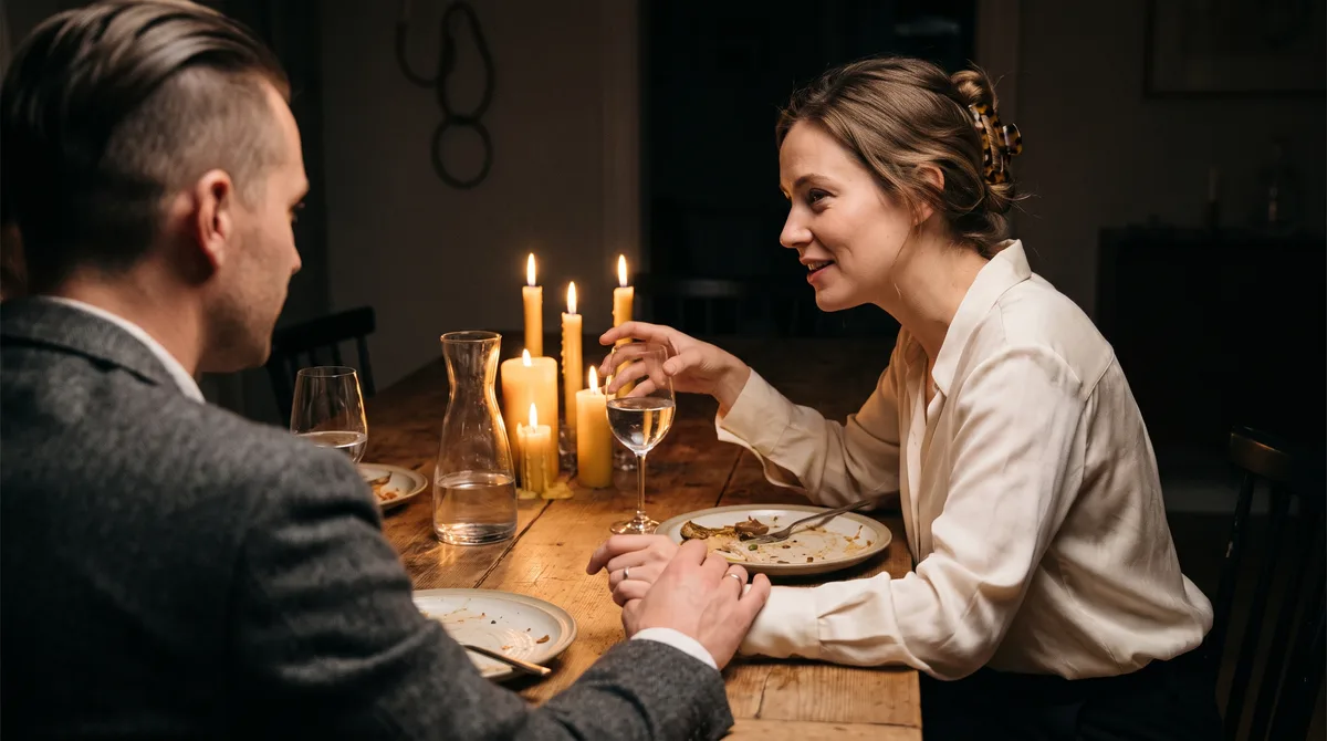 Two people lean together over a candlelit dinner table, mid-conversation