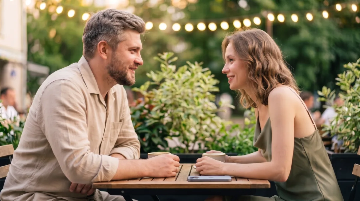 Two people at an outdoor café table leaning in with warm eye contact over coffee