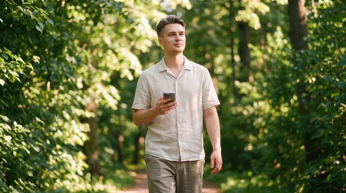 A person walking with grounded, confident posture through a sunlit summer park