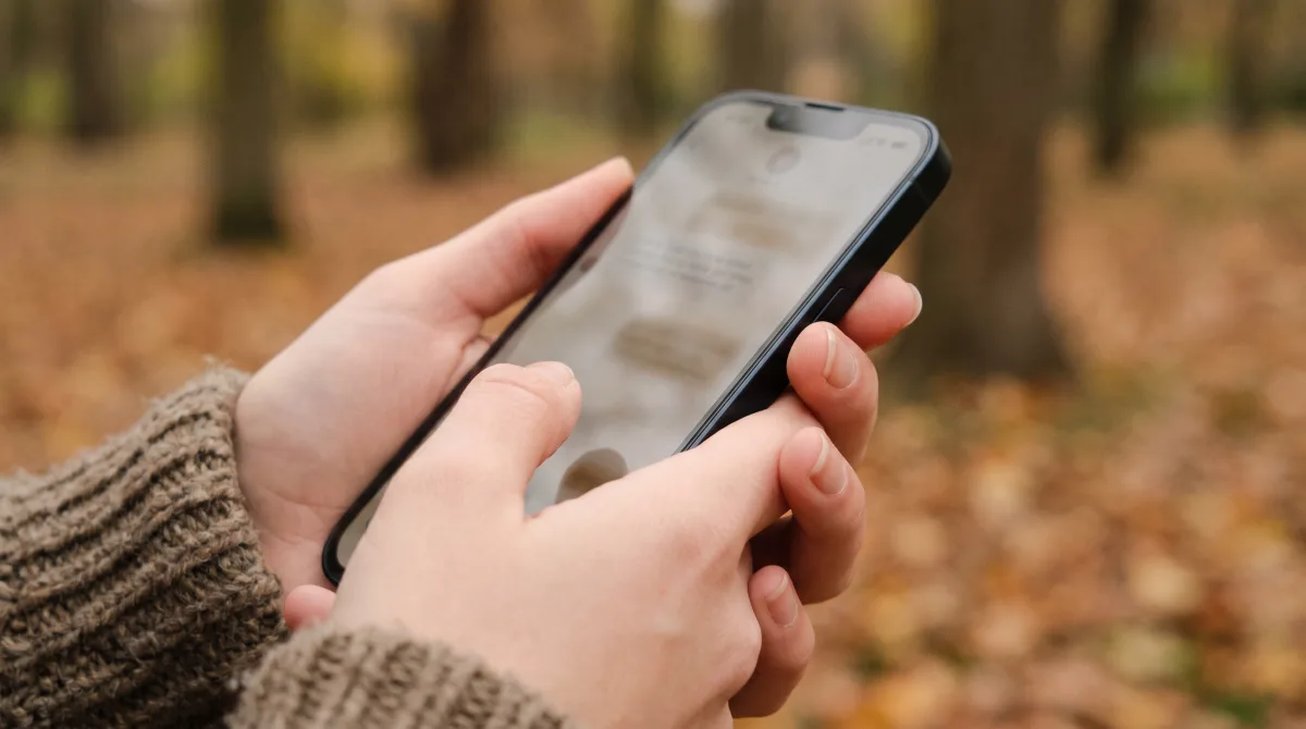 Close-up of young hands loosely holding a phone with a plain unfiltered screen in an autumn park