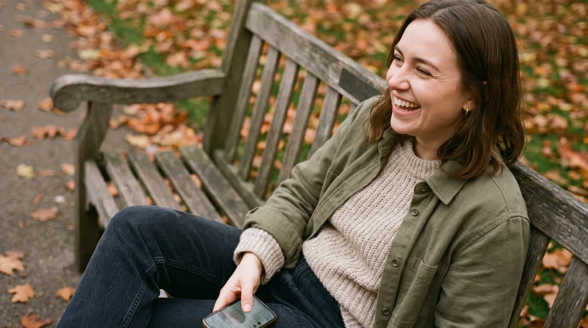 A young person laughing genuinely and unposed on a park bench in soft overcast autumn light