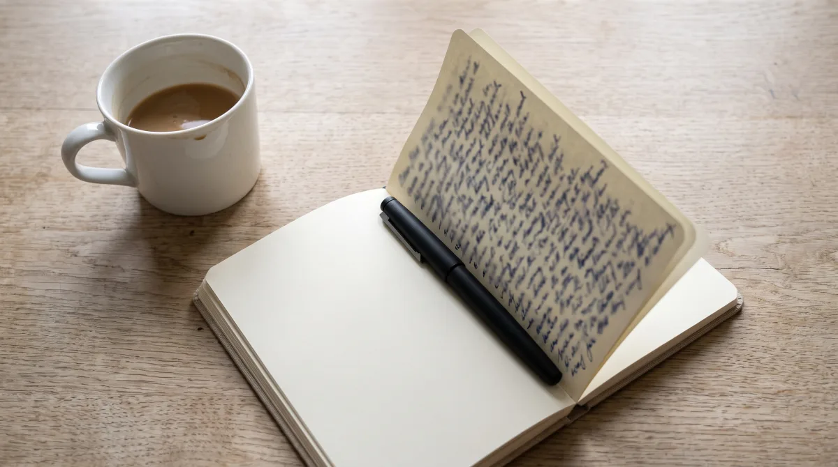 A handwritten page seen at a sharp angle, only ink strokes visible and no readable words