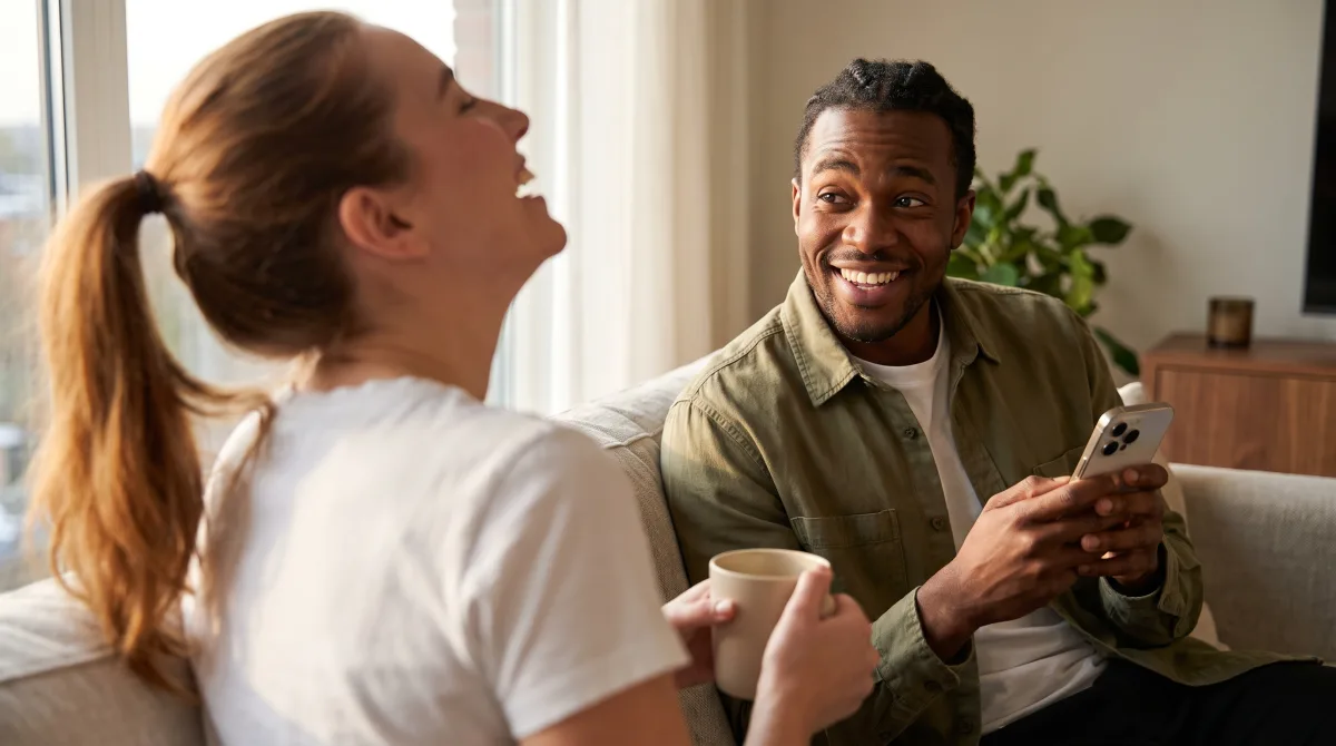 Two people on a sofa, one reading aloud from a phone while the other listens and laughs