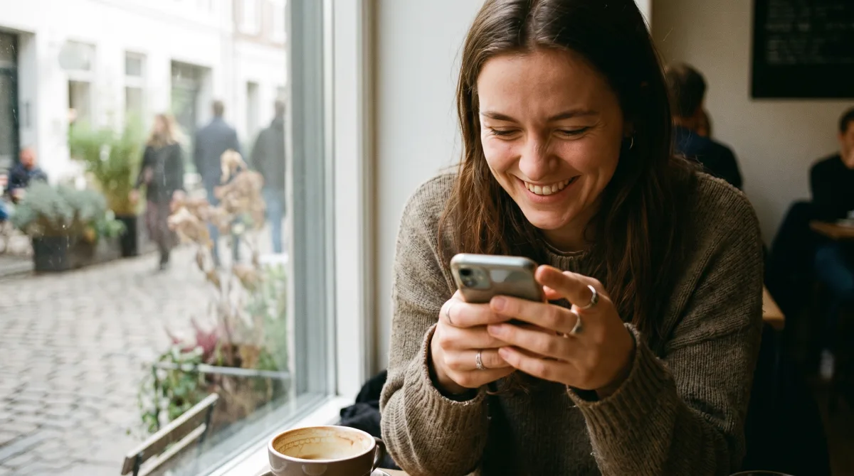 A woman by a café window smiling in amusement at a charming little detail she's reading on her phone