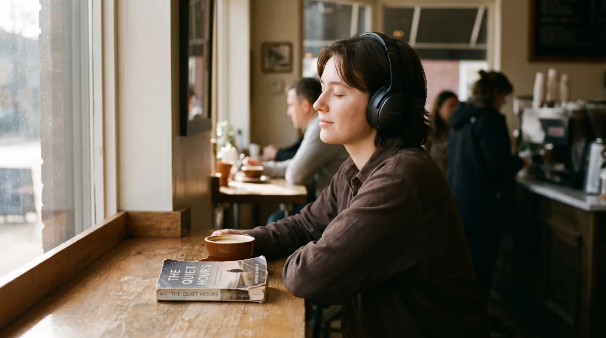 A person at their usual café table with headphones on, eyes closed, listening to a whole album