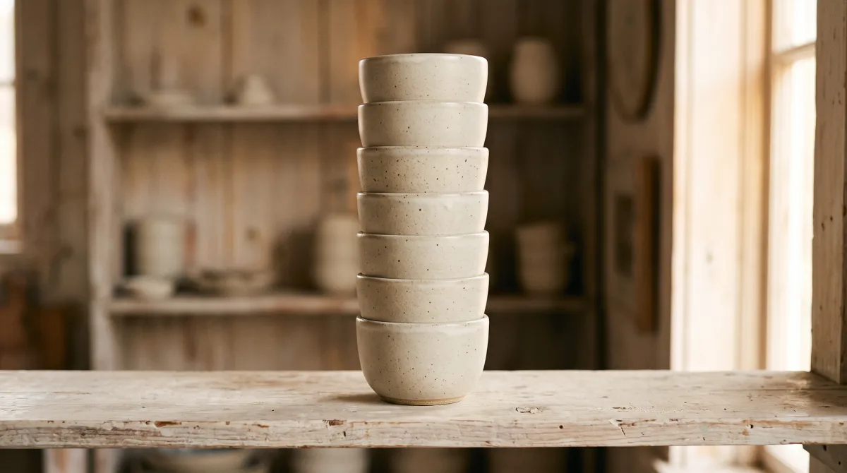 A stack of identical plain oat-colored ceramic mugs on a shelf in warm side light