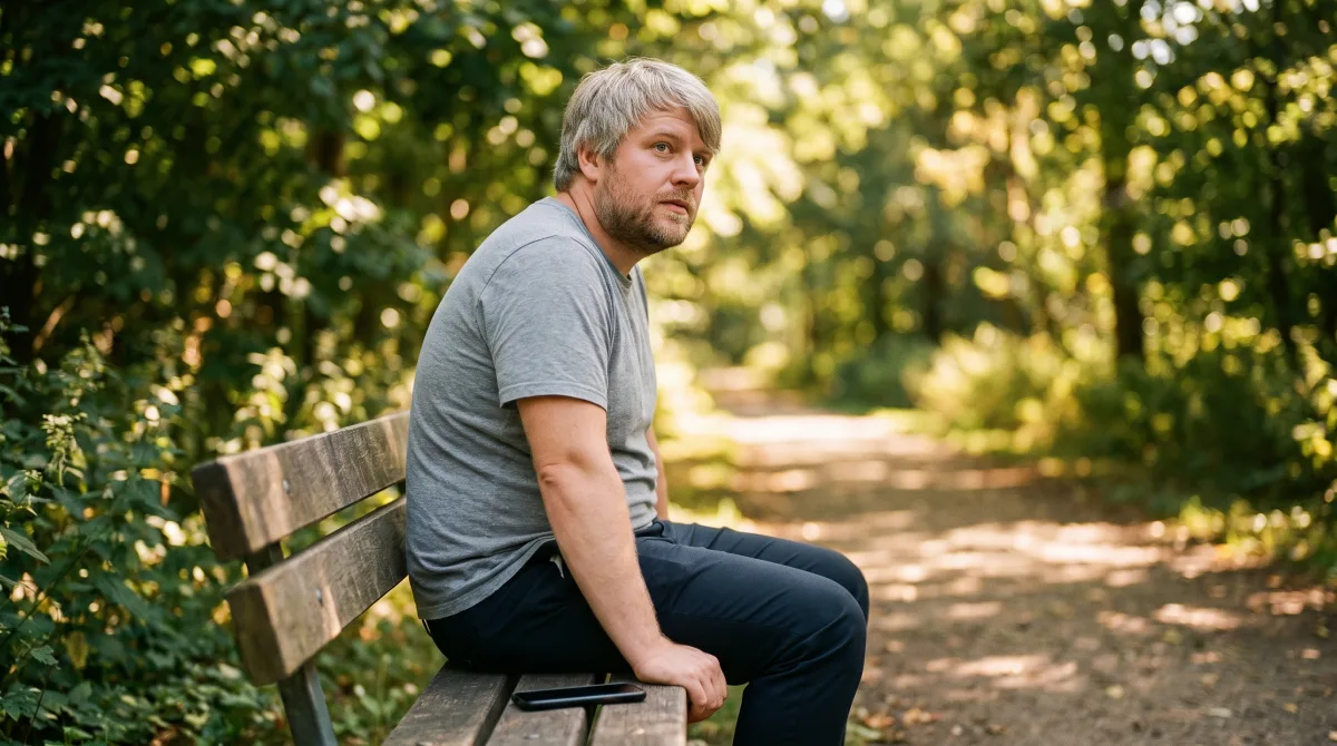 A young man sitting alone on a park bench in golden-hour light, his phone dark and untouched on his lap