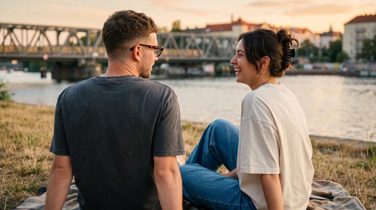 A creative young couple on the Spree riverbank in Berlin at golden hour in summer