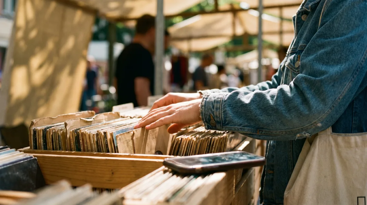 Hands flipping through vinyl records at a Berlin flea market in summer