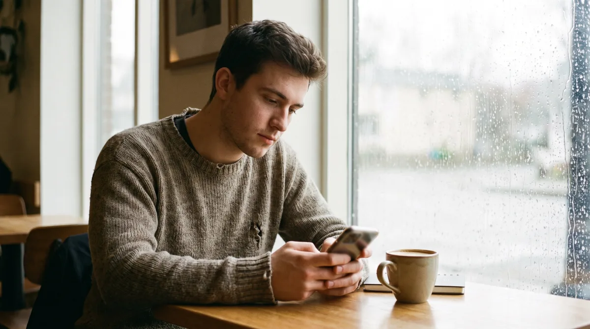 A young man at a café window weighing which dating app to use, phone in hand, coffee beside him
