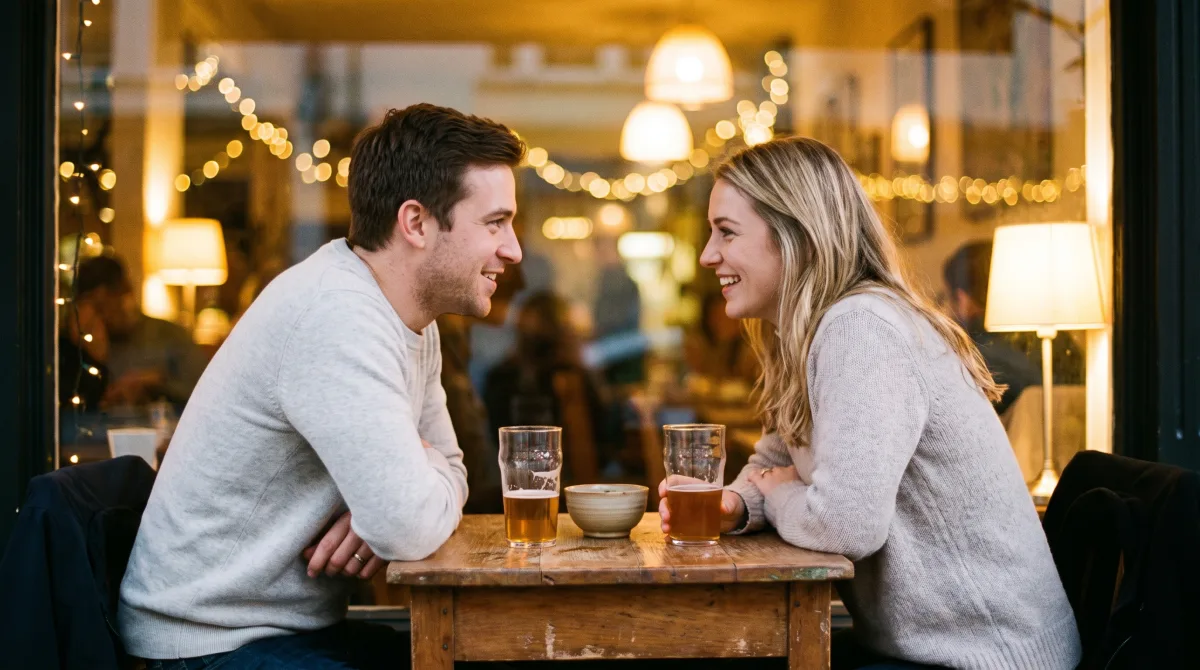 A couple leaning into an unhurried first-date conversation at a warm-lit café in the evening