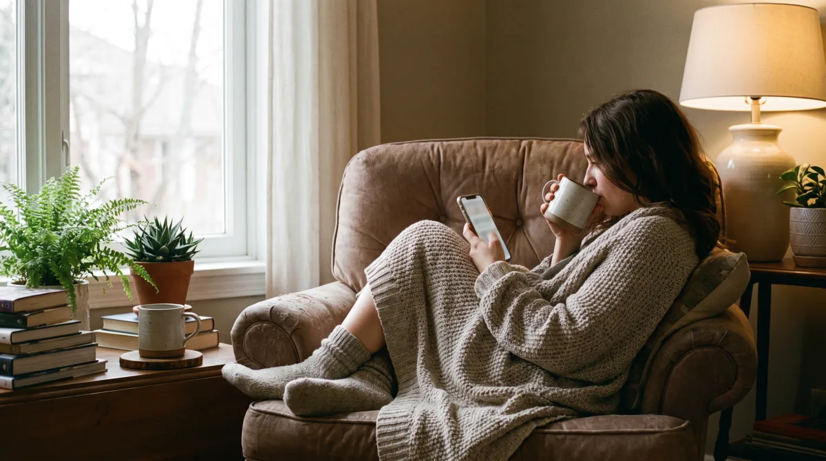 An introvert in a cozy armchair under a blanket, unhurriedly reading a long text on their phone at home
