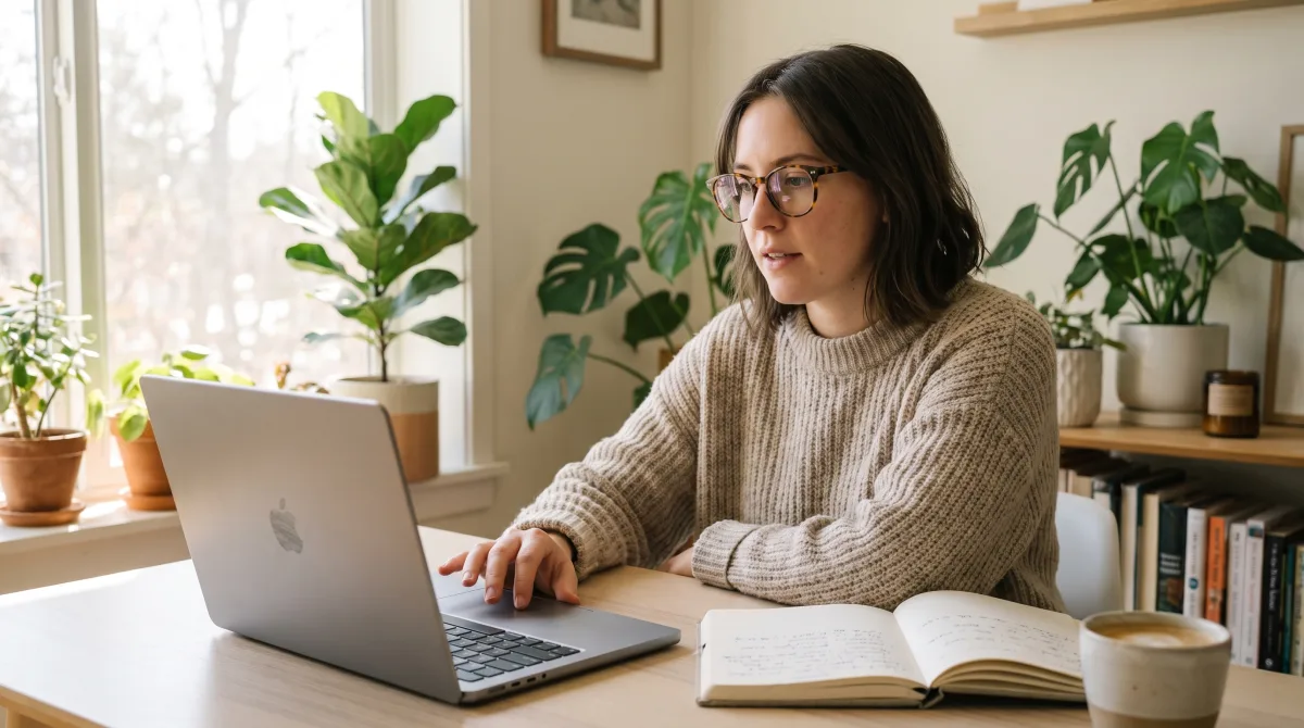 A young writer working at a MacBook mid-sentence in a sunlit, plant-filled home study