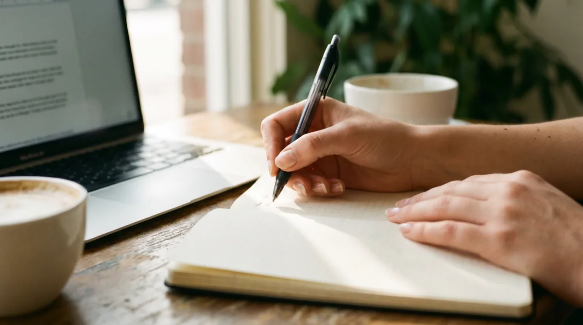 Close-up of a writer's hands writing in a notebook beside a laptop and a flat white
