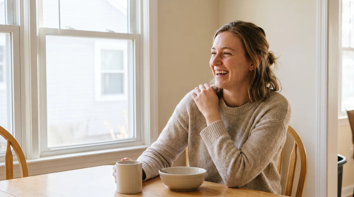 A woman laughing mid-conversation at her kitchen table, morning light coming in through one window behind her