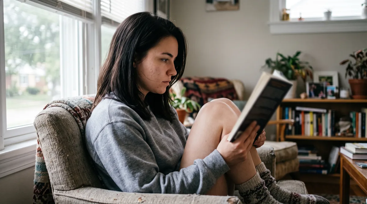 A young woman curled sideways in an armchair, reading at length with a concentrated expression