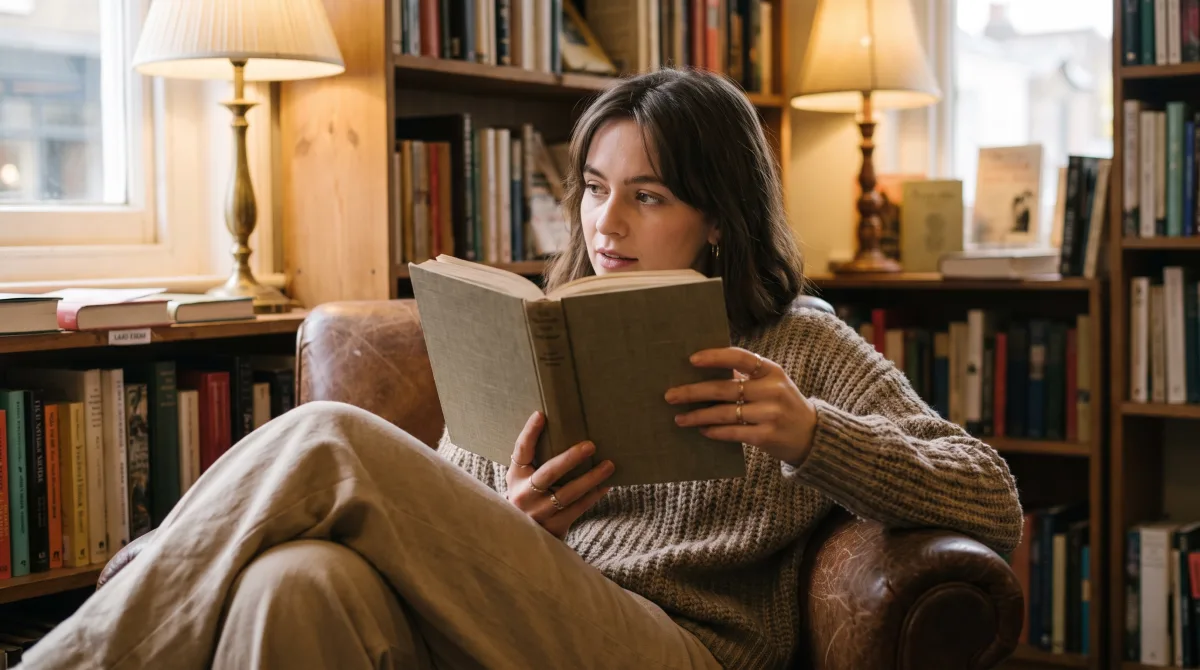 A stylish young woman in a warm bookshop reading a book's words at a natural distance, choosing by text not cover