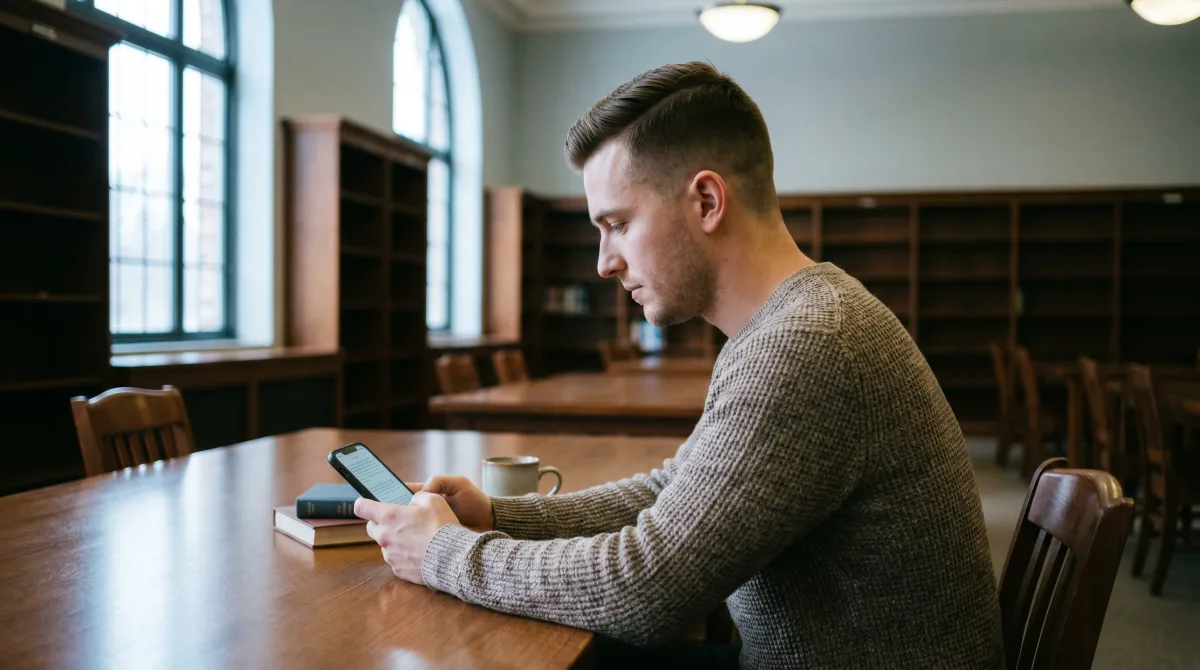 A stylish young man in a library reading room reading a text-only profile on his phone, no photos on the screen