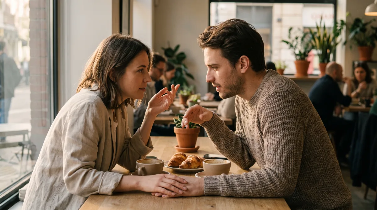 Two stylish young people in an unhurried café conversation in warm afternoon light, phones set aside