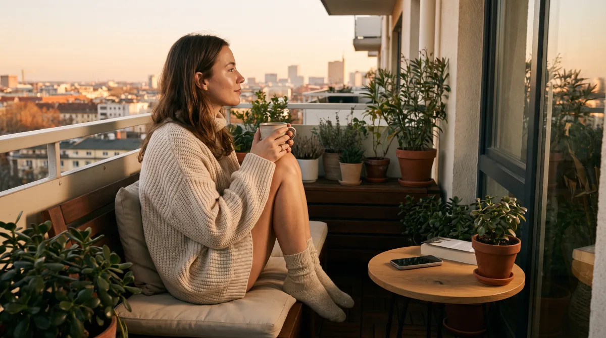 A stylish young woman cradling coffee on a sunny balcony at golden hour, phone set aside, unhurried