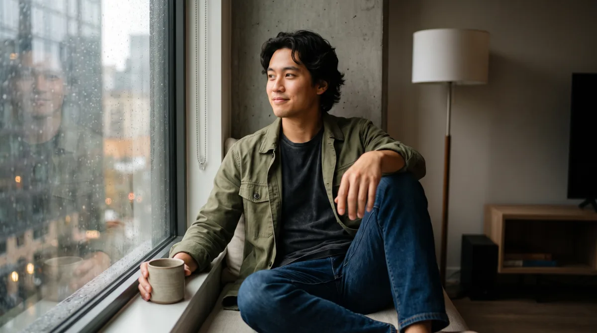 A person sitting alone at a rain-streaked apartment window, lost in thought