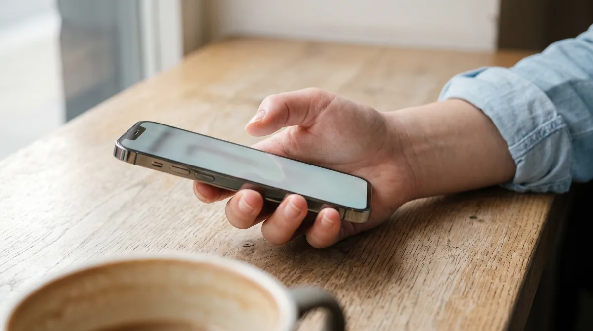 Close-up of a phone resting screen-up in an open palm at a café table, the display out of focus