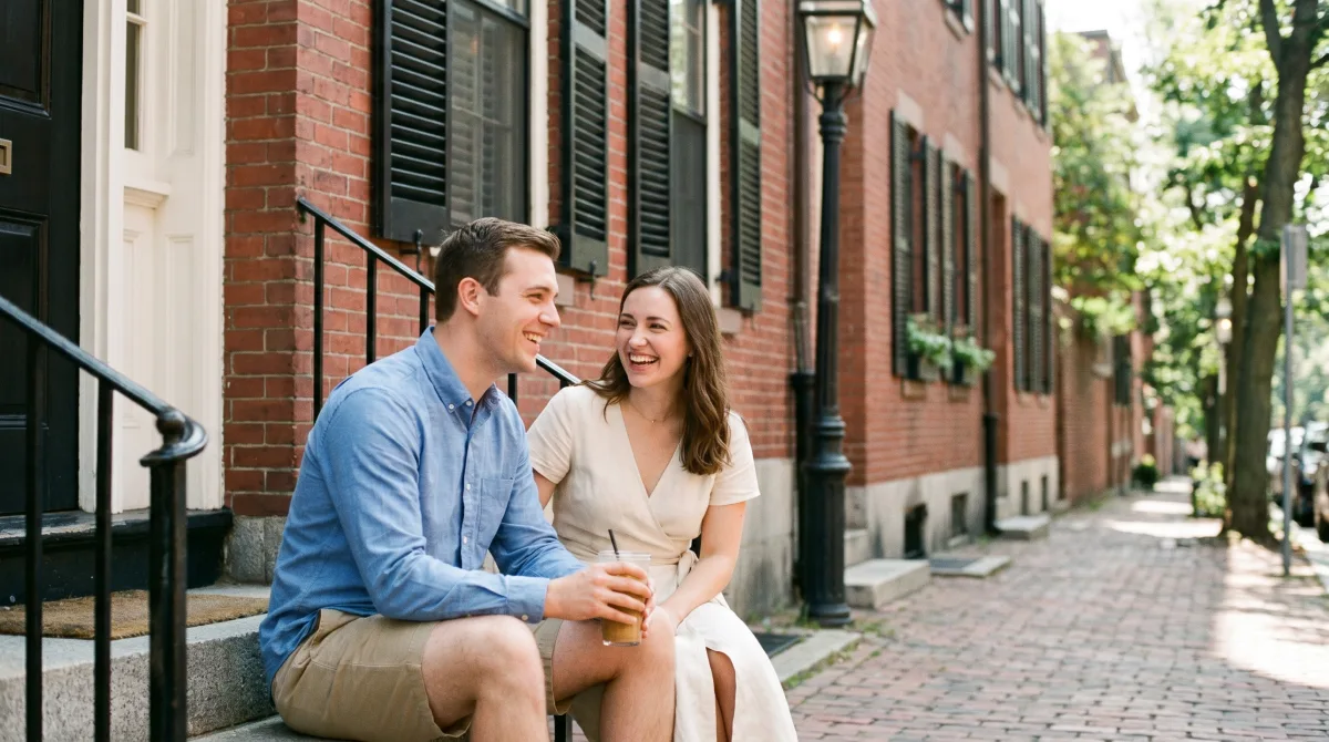 A preppy young couple laughing on a Beacon Hill brownstone stoop in Boston in summer
