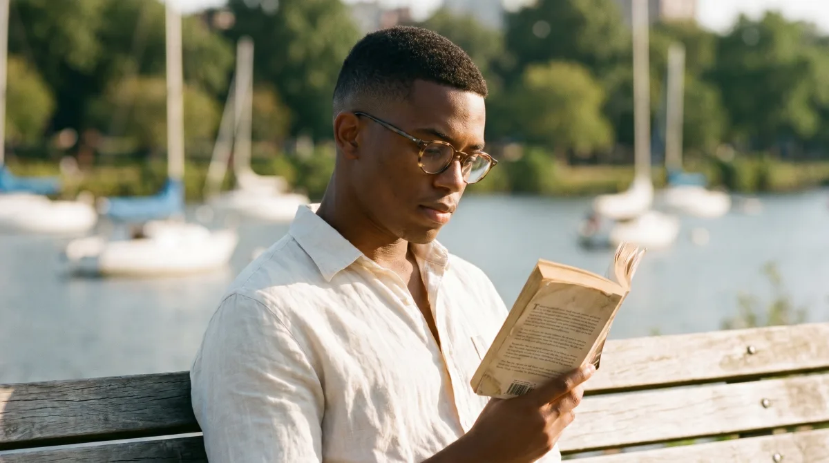 A young man reading a book by the Charles River in Boston in summer