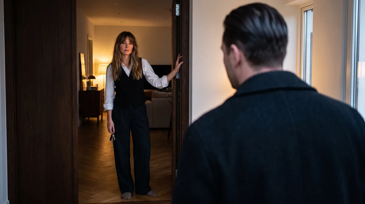A woman standing calmly in an apartment doorway at dusk, one hand resting on the frame, meeting someone's eyes without stepping back or forward