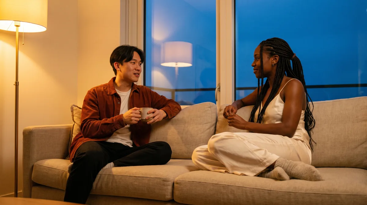 Two people sitting on opposite ends of a couch in lamplight, one turned toward the other mid-sentence, the space between them relaxed rather than tense