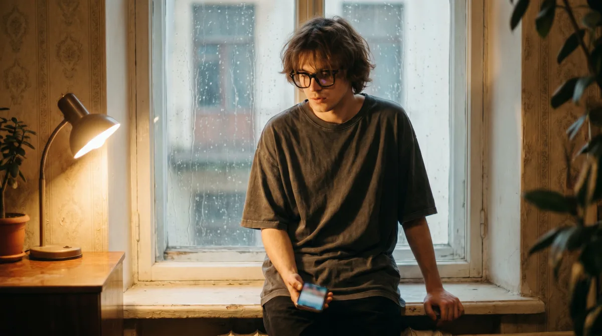 A young man by a rainy window glancing at his phone, waiting for a reply