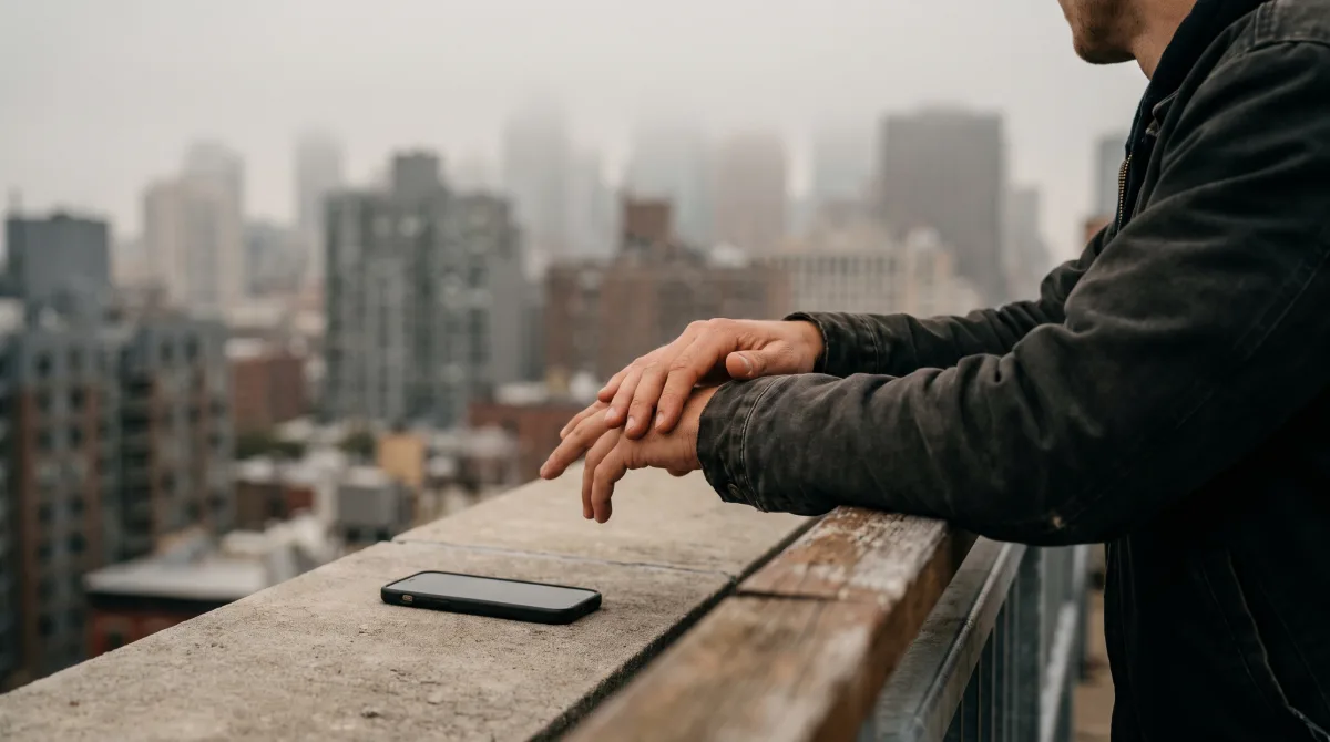 Relaxed hands on a rooftop railing beside a face-down phone while considering dating app alternatives