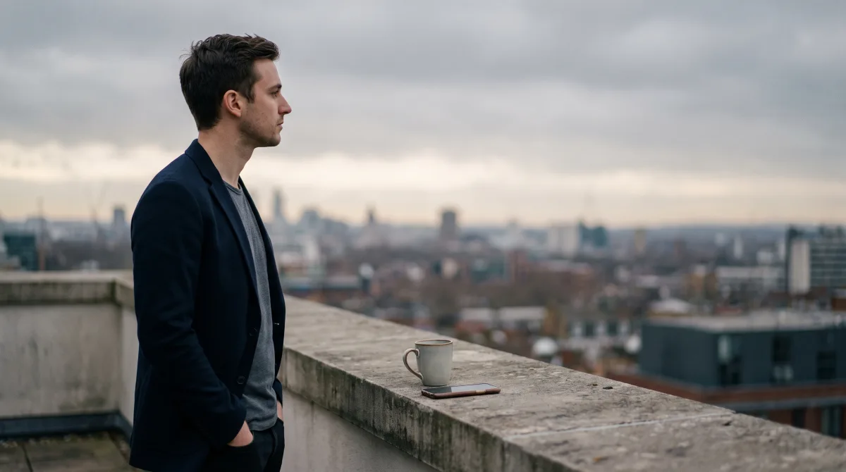 A young man on a rooftop terrace at dawn looking out, his phone set down beside his coffee