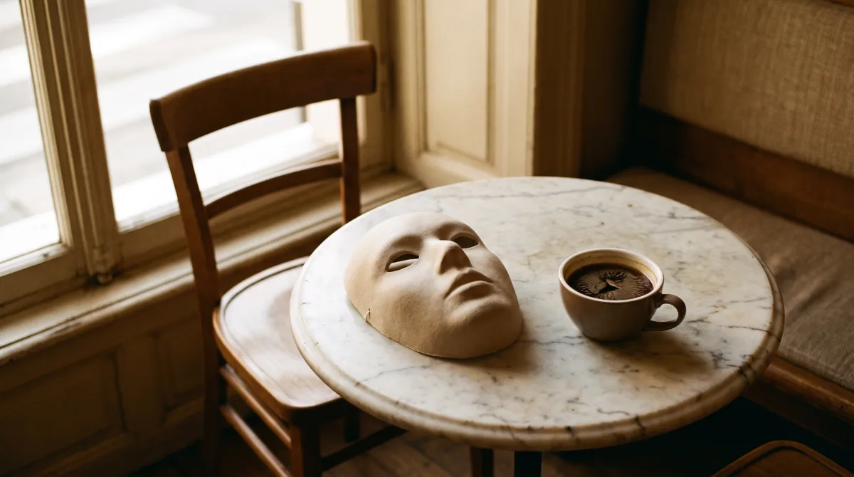 A plain paper mask lying face-up on a café table beside a cooling cup of coffee, the chair across from it empty