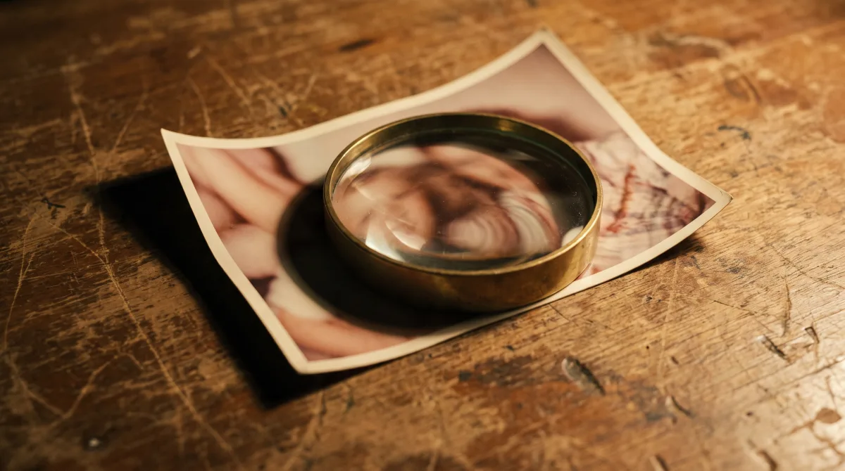 A printed photograph curling at its edges, examined closely under a magnifying glass on a wooden desk
