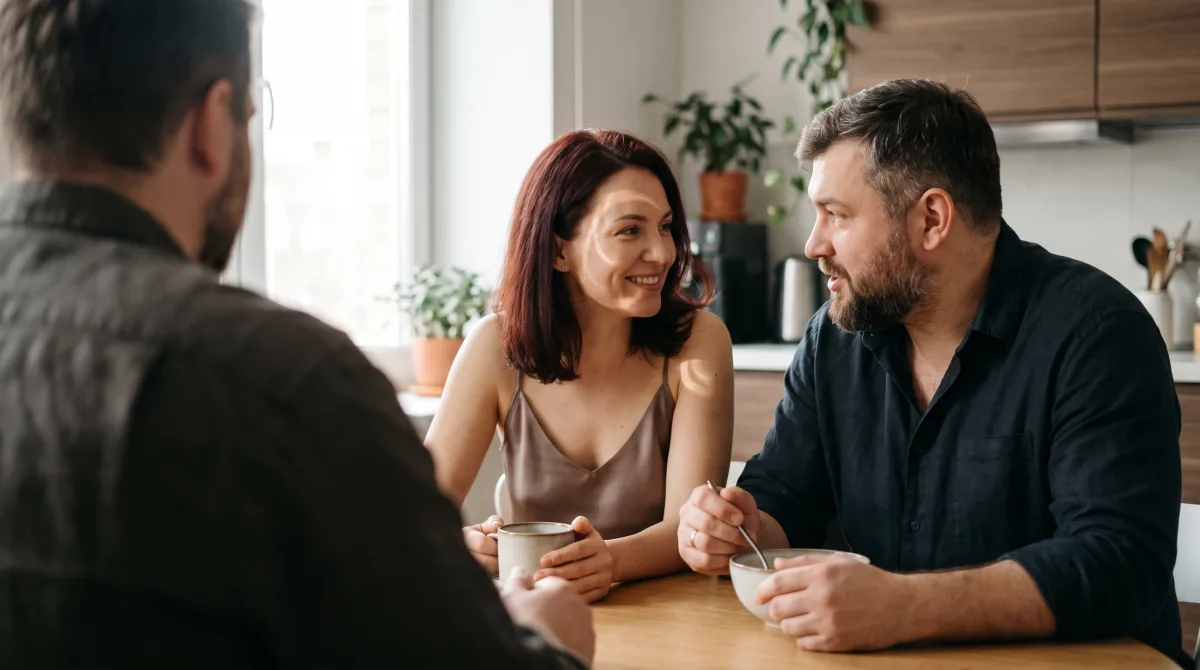 A couple at a modern kitchen table leaning in mid-sentence, sharing a warm, unguarded smile