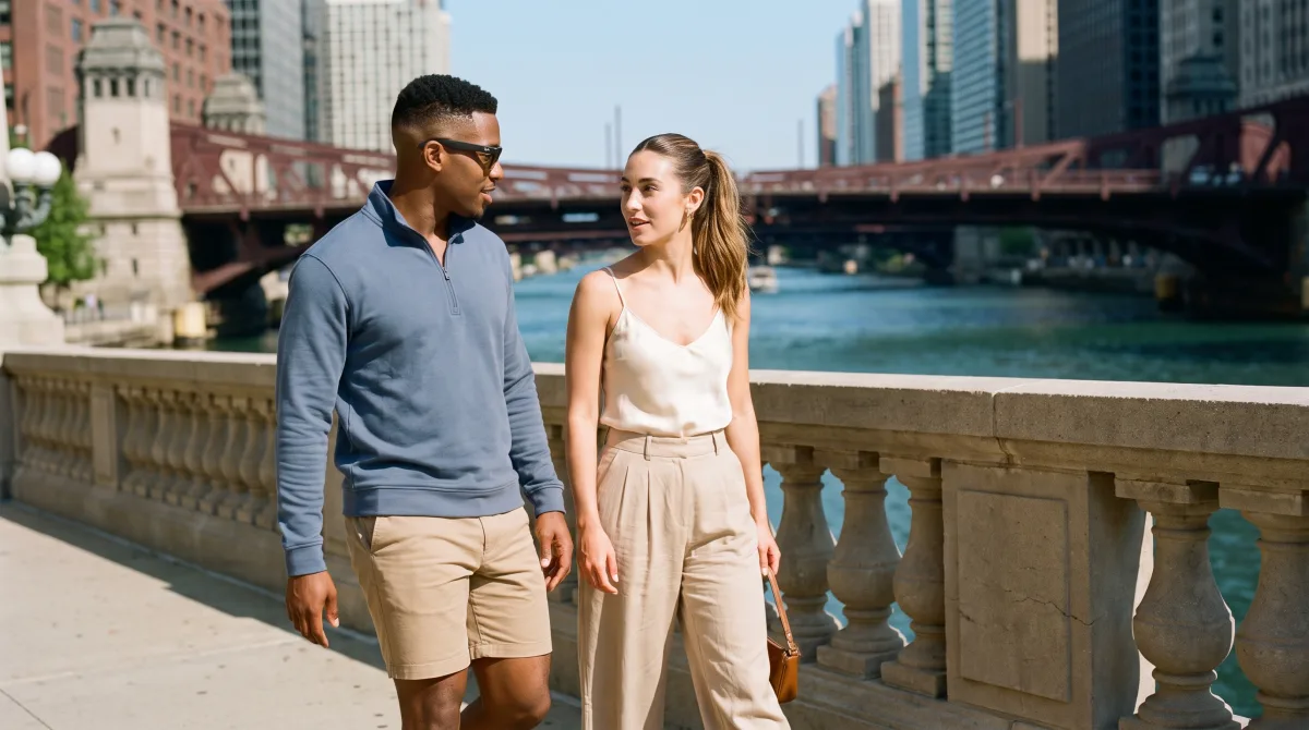 A stylish young couple walking the Chicago Riverwalk on a bright summer day