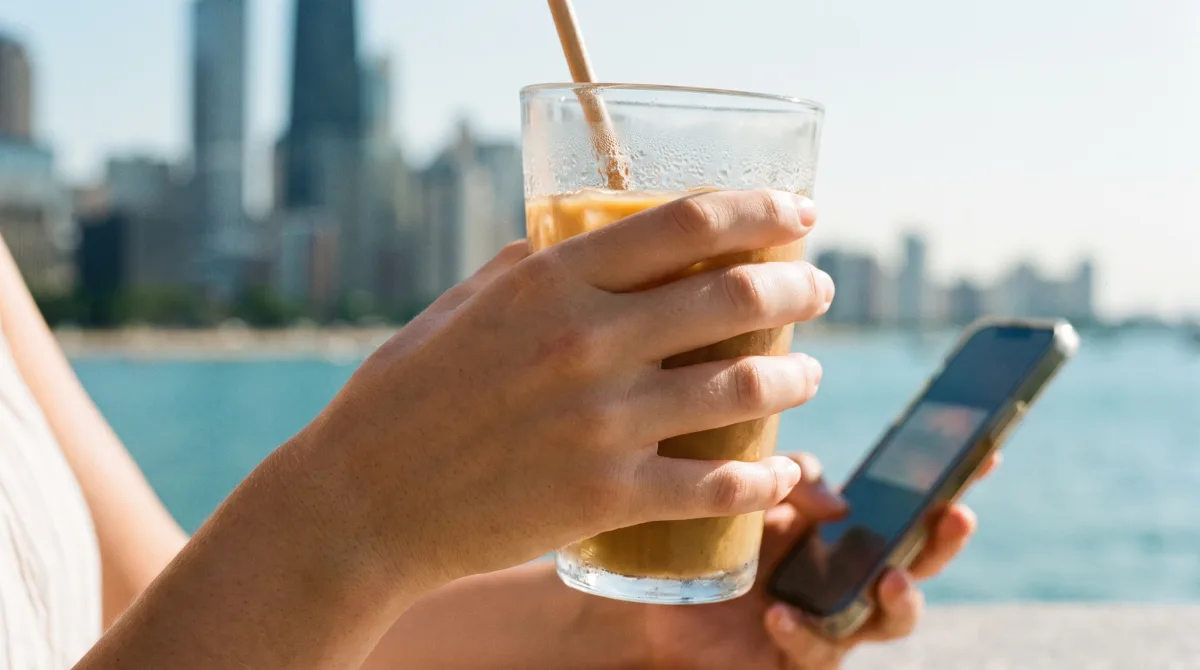 A hand holding an iced coffee at the Chicago lakefront in summer