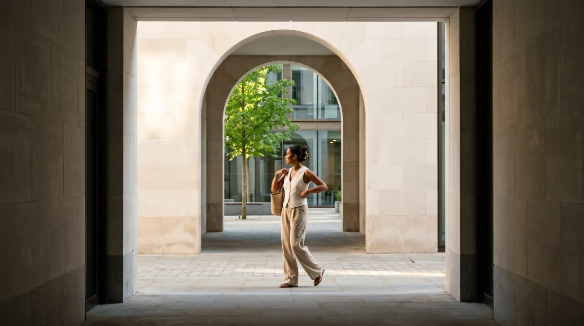 A young woman standing under a stone archway in a quiet courtyard, caught mid-thought