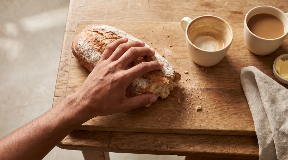 An overhead view of a small table set with two cups and a loaf of bread, one hand reaching in