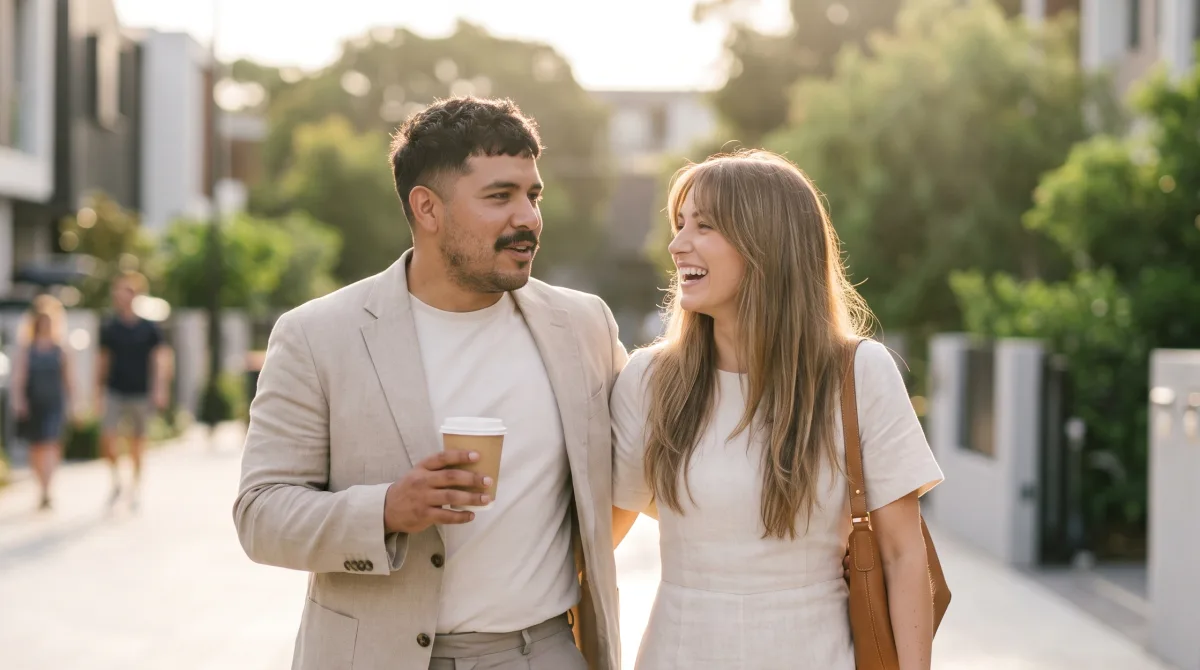A young couple walking a city street in soft evening light, angled toward each other mid-conversation