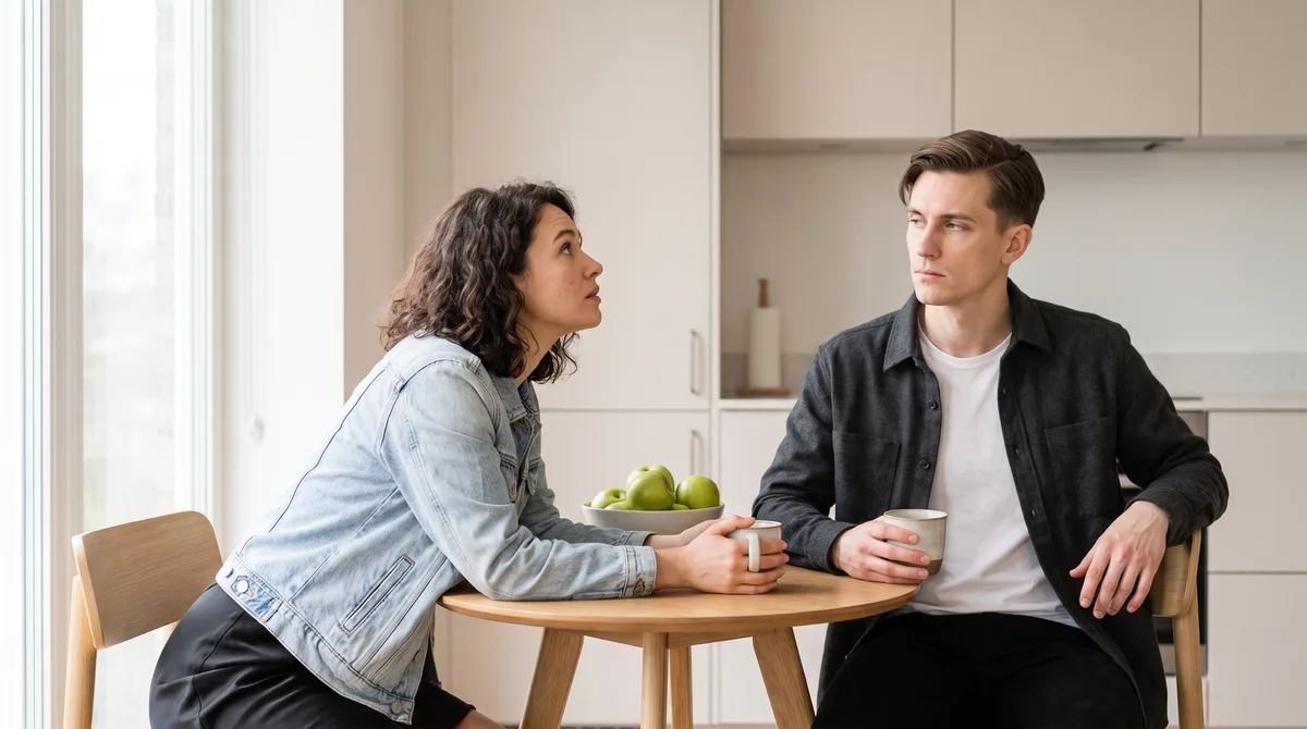 Two people at a small kitchen table in early evening light, one leaning fully across toward the other, who looks past them toward a window