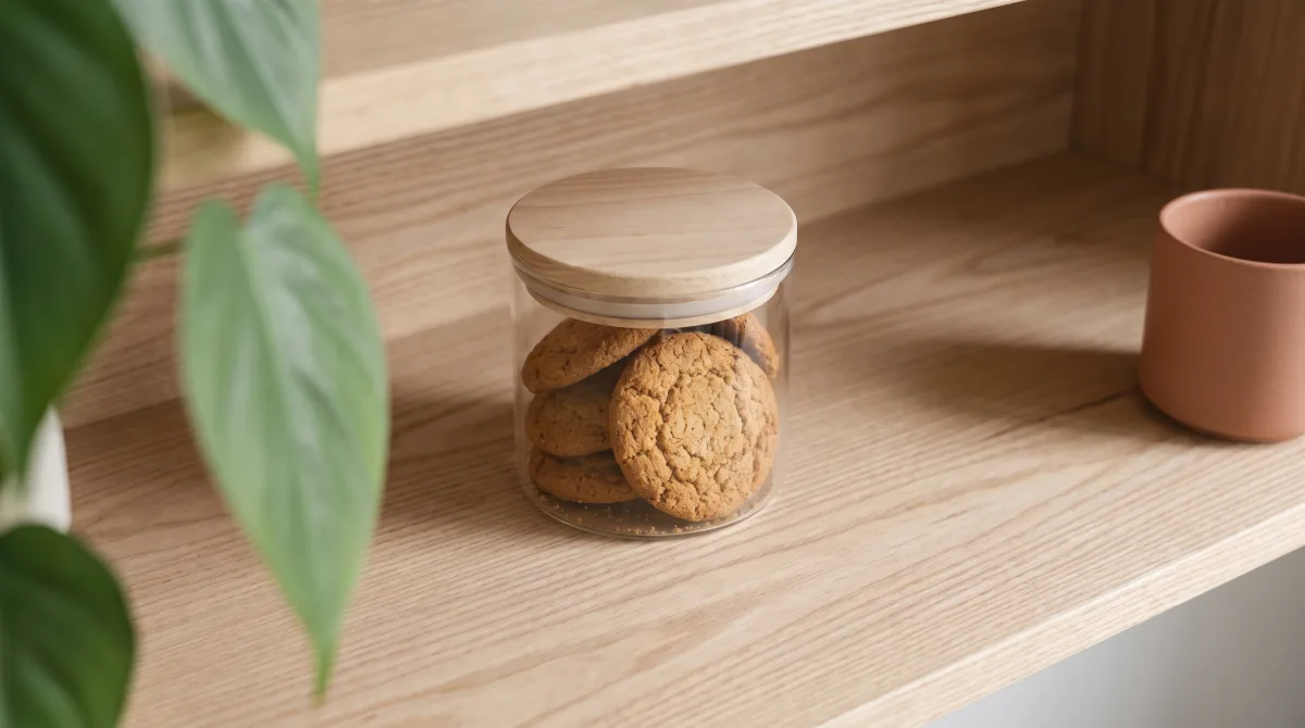A lidded glass jar photographed from above on a pale wooden shelf, a second cup pushed to the very edge of the frame